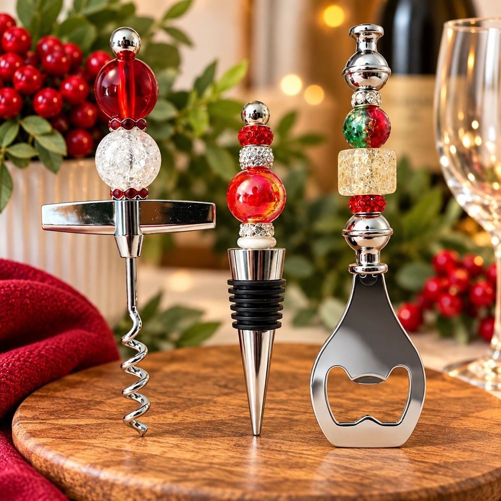 Handmade Beaded Bar Tool Set 3pc Red Silver Holiday Wine Stopper Bottle Opener